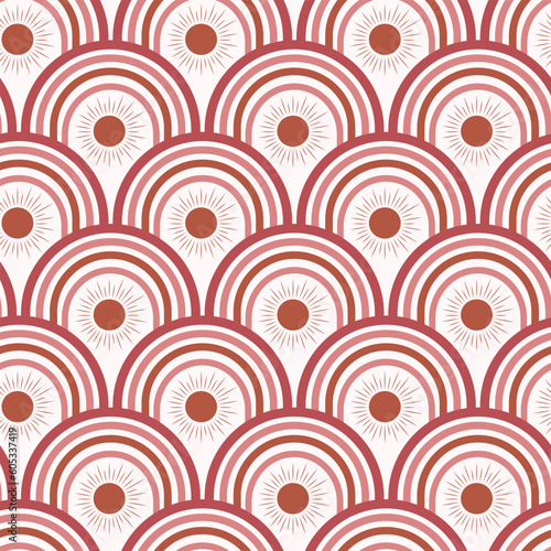 Abstract art deco terracotta sun with rainbows seamless pattern. For wallpaper, home decor and textile 