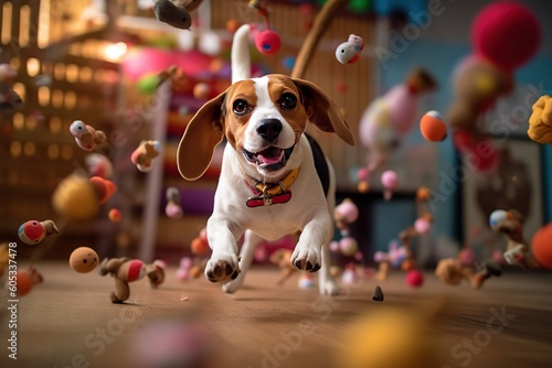Image of a beagle jumping out of the pile of toys with them flying all around. photo