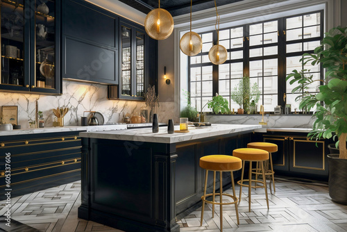 Luxury kitchen in art deco style with golden, black and white colors. Super photo realistic background, generative ai illustration