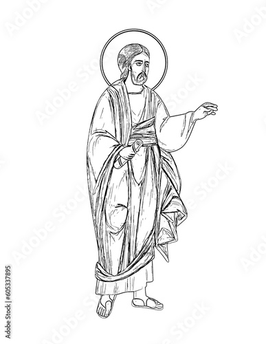 Figure of Jesus. Illustration - fresco in Byzantine style. Coloring page on white background