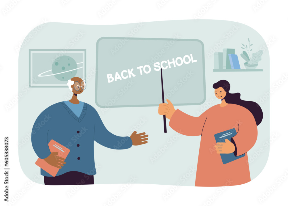 Interracial teachers at school vector illustration. Happy African American couple with books pointing at blackboard with back to school lettering. Diversity in schools, education concept Interracial teachers at school vector illustration. Happy African American couple with books pointing at blackboard with back to school lettering. Diversity in schools, education concept