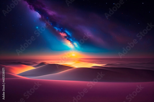 Fantastic pink desert under the night sky, stars, nebulae, dunes