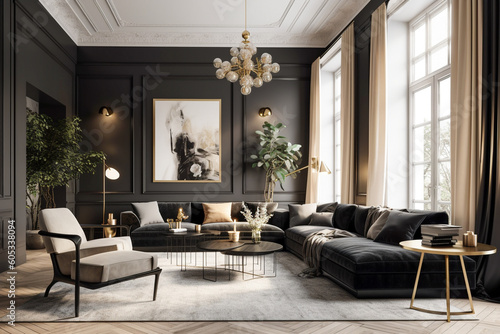 Luxury living room in art deco style with golden, black and white colors. Super photo realistic background, generative ai illustration