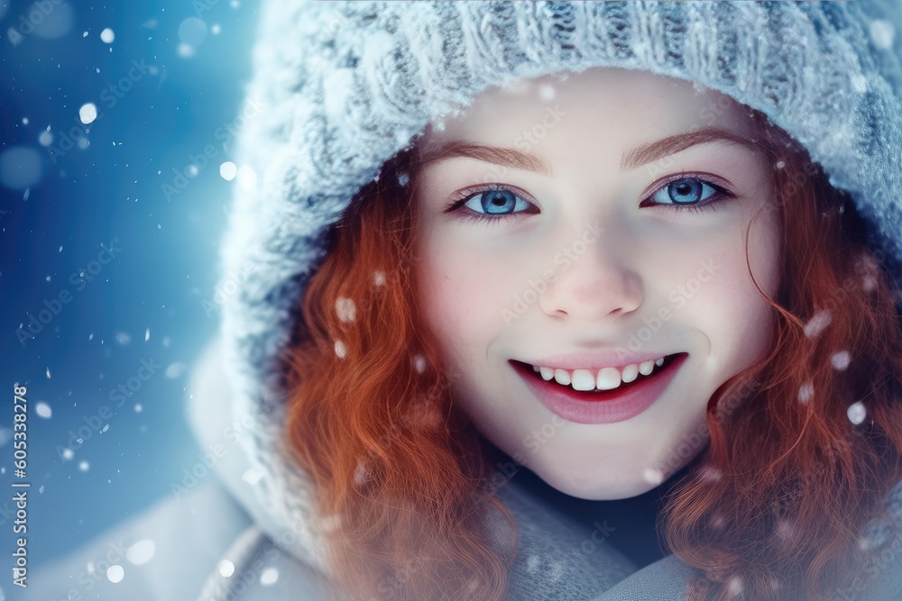 Portrait of young and beautiful woman over winter Christmas background. Beautiful snow-white smile of a young girl on a blue background. 