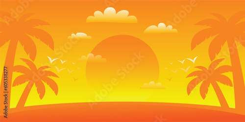 colorful summer background with sunset shades and palm tree icons. vector illustration for promotional banners, greeting cards, posters, social media and web.