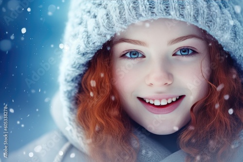 Portrait of young and beautiful woman over winter Christmas background. Beautiful snow-white smile of a young girl on a blue background. 