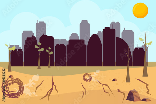 Drought caused by intense heat in city vector illustration. Cartoon drawing of dried and cracked ground, tumbleweeds, silhouettes of modern buildings. Ecology, environment, climate change concept