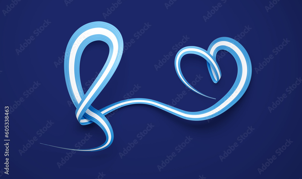3d Flag Of Argentina Heart Shaped Wavy Awareness Ribbon flag On Blue Background, 3d illustration 3d Flag Of Argentina Heart Shaped Wavy Awareness Ribbon flag On Blue Background, 3d illustration