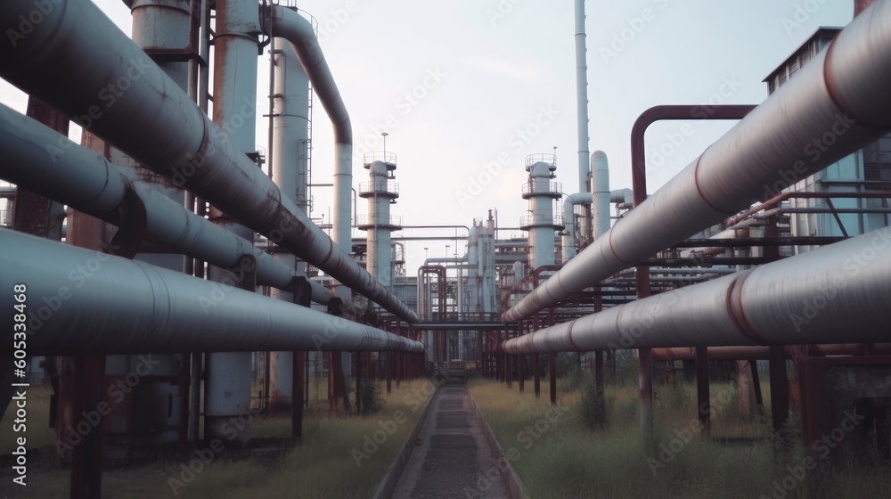 Industrial scene at an oil refinery plant in an industry zone. Impressive view of a large oil pipeline and gas infrastructure, highlighting the vital role of the oil and gas industry. AI-generated. Industrial scene at an oil refinery plant in an industry zone. Impressive view of a large oil pipeline and gas infrastructure, highlighting the vital role of the oil and gas industry. AI-generated.