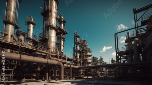 The industrial perspective showcases an oil refinery in an industry zone, with a notable oil pipeline and gas infrastructure. Captures the scale and significance of the oil and gas sector. AI-generate