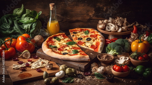 top view of pizza on wood background