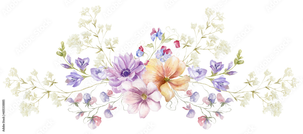 Watercolor Bouquet with Wildflowers. Multicolor Flowers. Design for Card on the white Background.