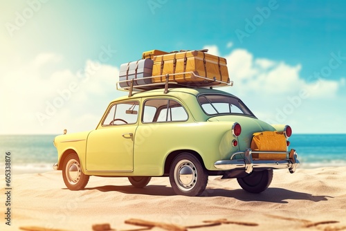 Small retro car with baggage and luggage on the roof ready for summer vacation.Road trip with family and friends concept.ai generated