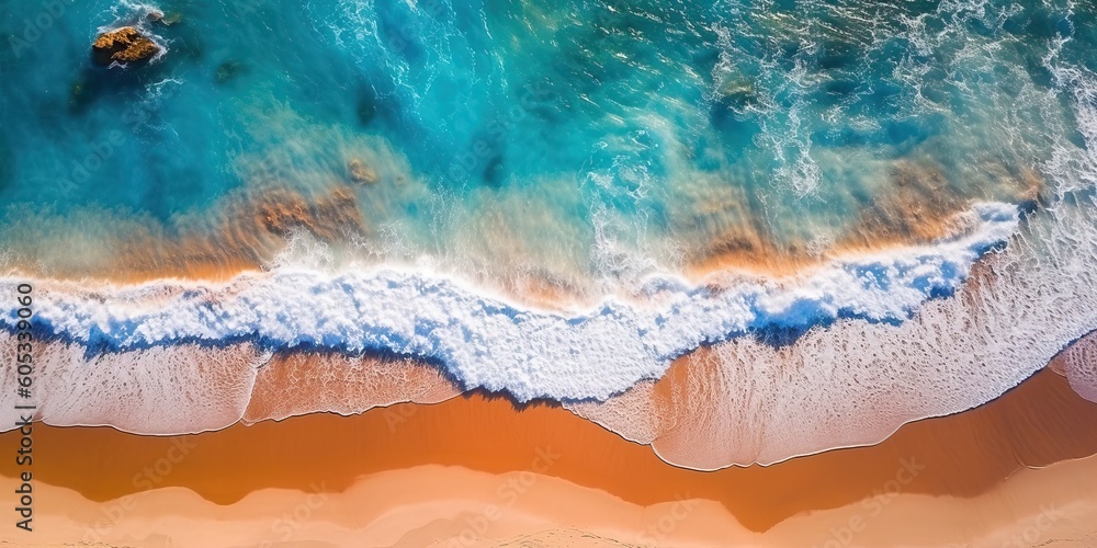 Aerial view of a beach with waves lapping the sand, generative ai Aerial view of a beach with waves lapping the sand, generative ai