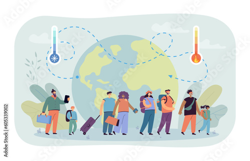 Line of people migrating vector illustration. Happy people moving to different country, cold and hot thermometers and planet in background. Migration and climate crisis, resettlement concept