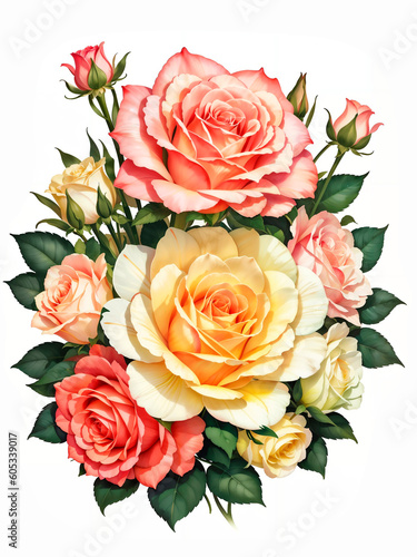 Colorful roses on white background, watercolor style. Bud and flowers of roses on white background, watercolor hand drawing, botanical painting