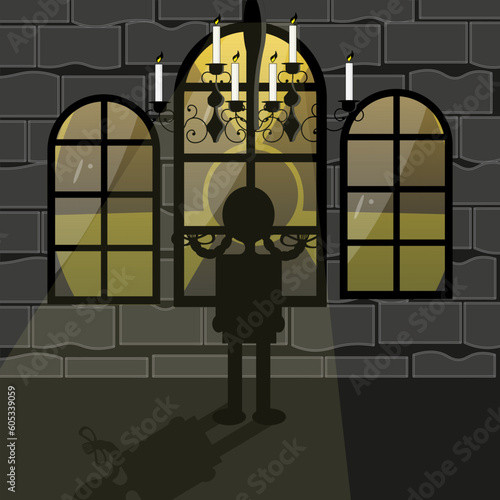 Black Silhouette of a girl stands in front of Windows in the Castle with view on Nuclear Hazard Symbol.  Concept Nuclear War. World War III. Vector illustration.