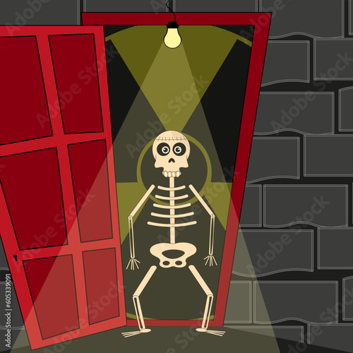 Scary card with Skeleton in the doorway against Nuclear Hazard Symbol. Dead person and Red Door. Horror banner. Vector illustration. Apotheosis Of Nuclear War