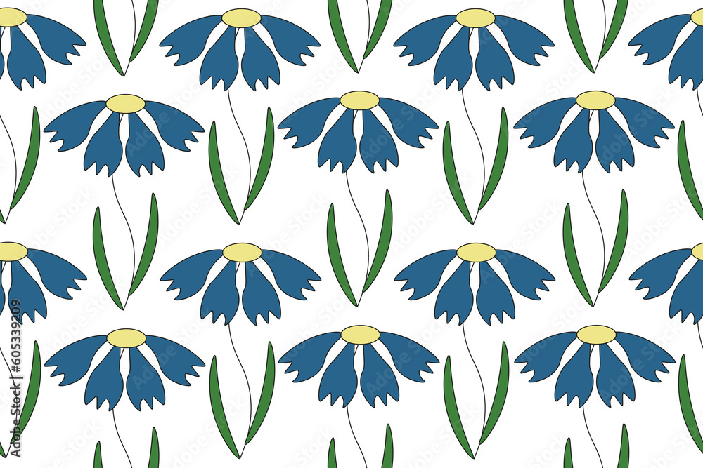 Simple Cornflower seamless pattern. Endless ornament with Knapweed. Floral Background. Backdrop with Summer Flowers. Wallpaper and bed linen print. Simple Cornflower seamless pattern. Endless ornament with Knapweed. Floral Background. Backdrop with Summer Flowers. Wallpaper and bed linen print.