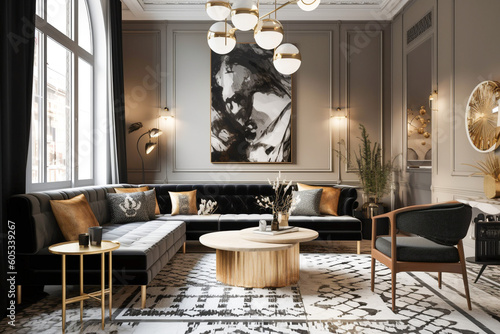 Luxury living room in art deco style with golden, black and white colors. Super photo realistic background, generative ai illustration