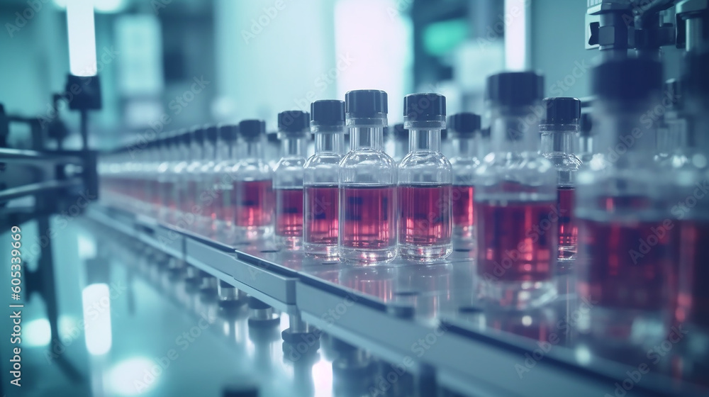 Medical vials on production line at pharmaceutical factory, Pharmaceutical machine working pharmaceutical glass bottles production line, Generative AI Medical vials on production line at pharmaceutical factory, Pharmaceutical machine working pharmaceutical glass bottles production line, Generative AI