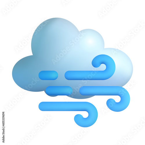 Cloud with strong wind 3d vector illustration. Wind force and speed icon for summer day in cartoon style isolated on white background. Weather forecast, meteorology concept