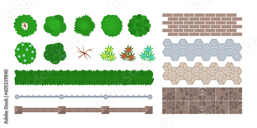 Top view of garden decoration vector illustrations set. Cartoon drawing of paths, fences, bushes and flowers for backyard on white background. Environment, gardening concept