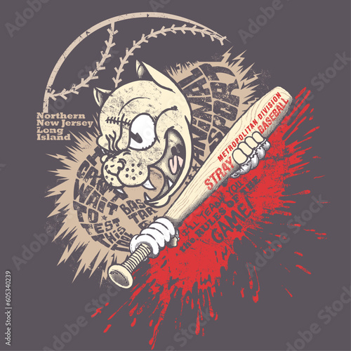 Cat mascot of a baseball team holding a baseball bat. Stray cat with a scar on its face in the middle of a baseball team logo. Sport illustration concept.