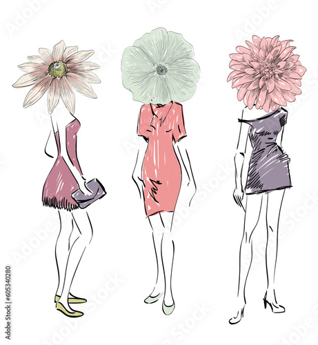 Girls with a flower heads. Hand drawn vector fashion illustration.