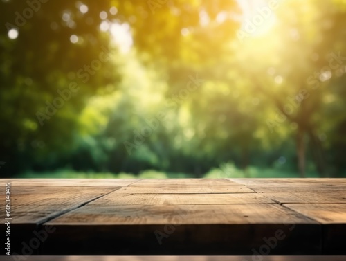 Wooden table top on blurred nature background - can be used for display or montage your products Created with Generative AI technology