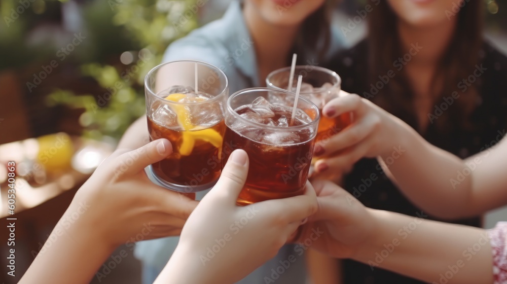 A group of people gathered, raising their glasses in a toast with refreshing iced tea. Captures the joyous moment of shared celebration and the coolness of the refreshing beverage. AI-generated. A group of people gathered, raising their glasses in a toast with refreshing iced tea. Captures the joyous moment of shared celebration and the coolness of the refreshing beverage. AI-generated.