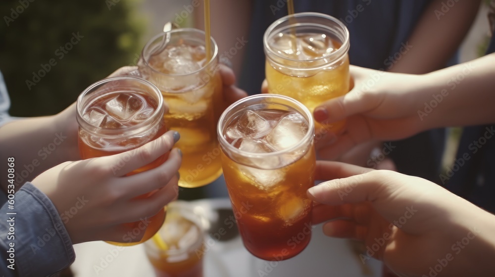 A group of people gathered, raising their glasses in a toast with refreshing iced tea. Captures the joyous moment of shared celebration and the coolness of the refreshing beverage. AI-generated. A group of people gathered, raising their glasses in a toast with refreshing iced tea. Captures the joyous moment of shared celebration and the coolness of the refreshing beverage. AI-generated.