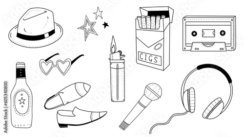 Indie retro music festival illustration set. Music band doodle set