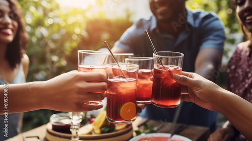 A group of people gathered, raising their glasses in a toast with refreshing iced tea. Captures the joyous moment of shared celebration and the coolness of the refreshing beverage. AI-generated. photo