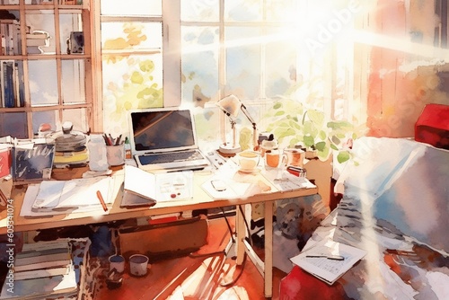 Sunday Morning Bliss: A Watercolor Spray Painted Realism Illustration of a Homeoffice Scene with Laptop