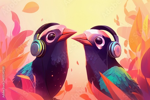 Fantastic, Futuristic, Illustration, Birds, Podcast, Music, Colorful background, Sunny light, Technology, Entertainment, Communication, Listening, Headphones, Wireless, Vibrant, Joyful, Playful, Imagi photo