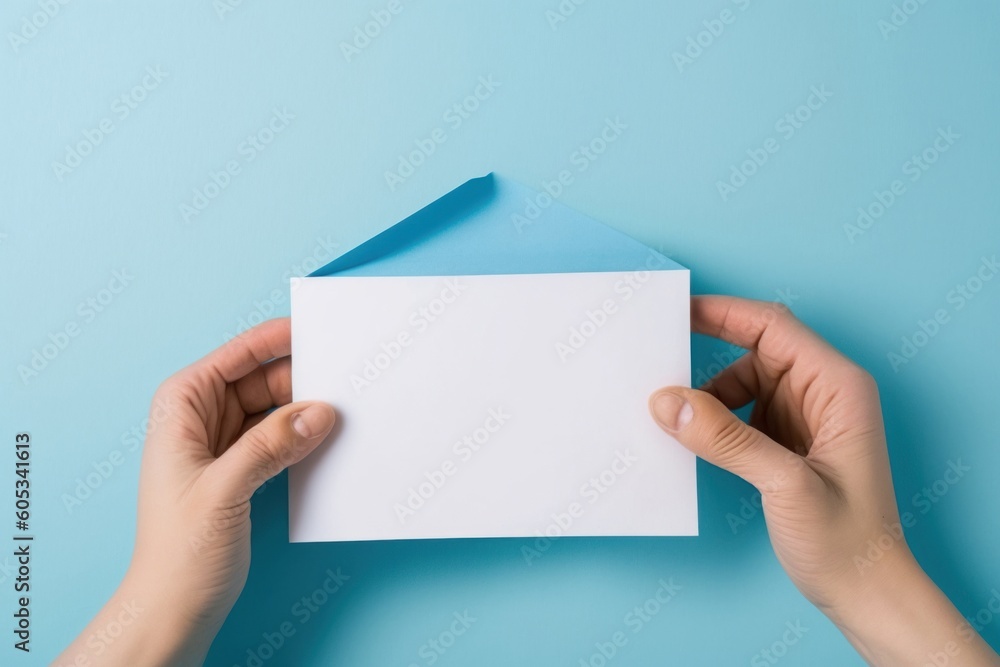 First person top view photo of hands holding blue envelope and white card on isolated pastel blue background with empty space, Generative AI First person top view photo of hands holding blue envelope and white card on isolated pastel blue background with empty space, Generative AI