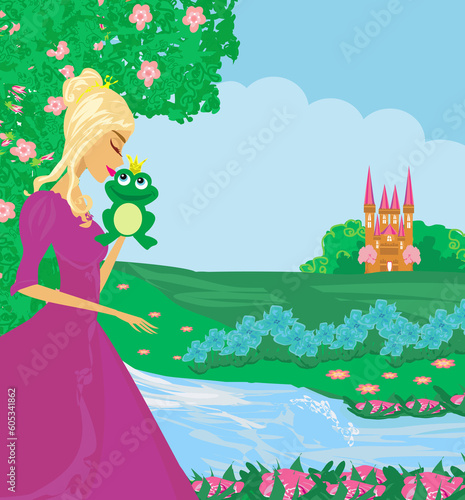 Beautiful young princess kissing a big frog
