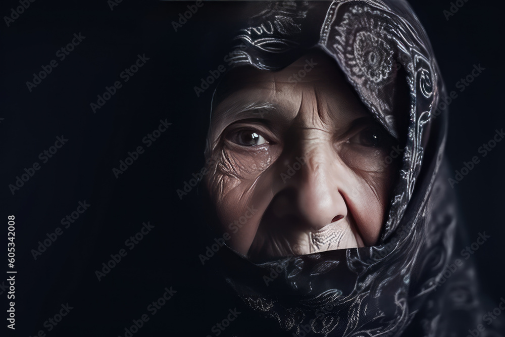Aged muslim woman in hijab. AI generative