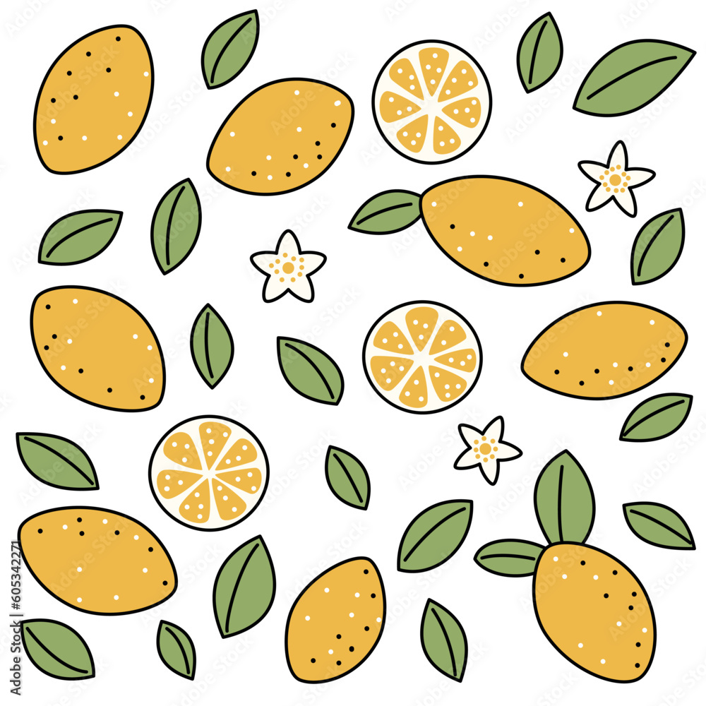 Set with line elements lemon, leaves and flowers for decoration Set with line elements lemon, leaves and flowers for decoration