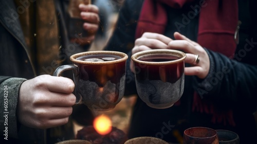 People enjoying hot drinks outdoors, savoring the warmth and comfort they provide. The cozy atmosphere and the aroma of the beverages create a delightful experience. AI-generated.