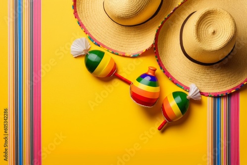 Cinco-de-mayo party concept. Top view photo of mexican traditional headwear sombrero colorful striped poncho and couple of maracas on isolated vibrant  Generative AI