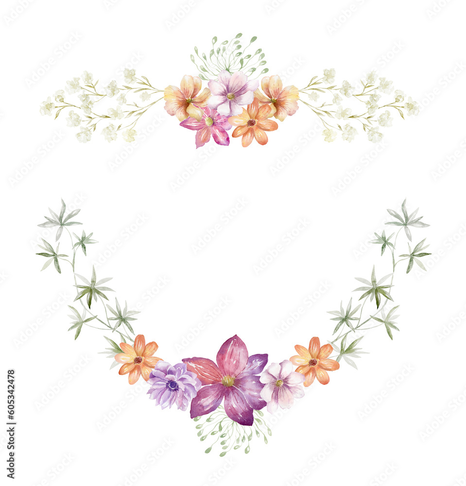 Watercolor Frame with Wildflowers on the white Background. Summer Illustration