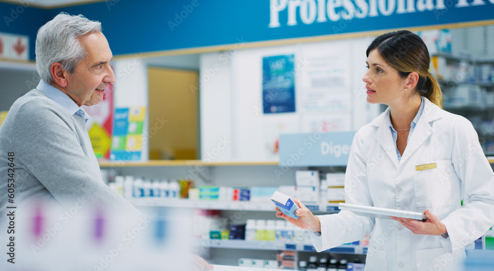 Pharmacy product, elderly customer and woman helping patient, client or person with pharmaceutical, pills or package. Medicine, advice and female chemist talking, service and help with prescription
