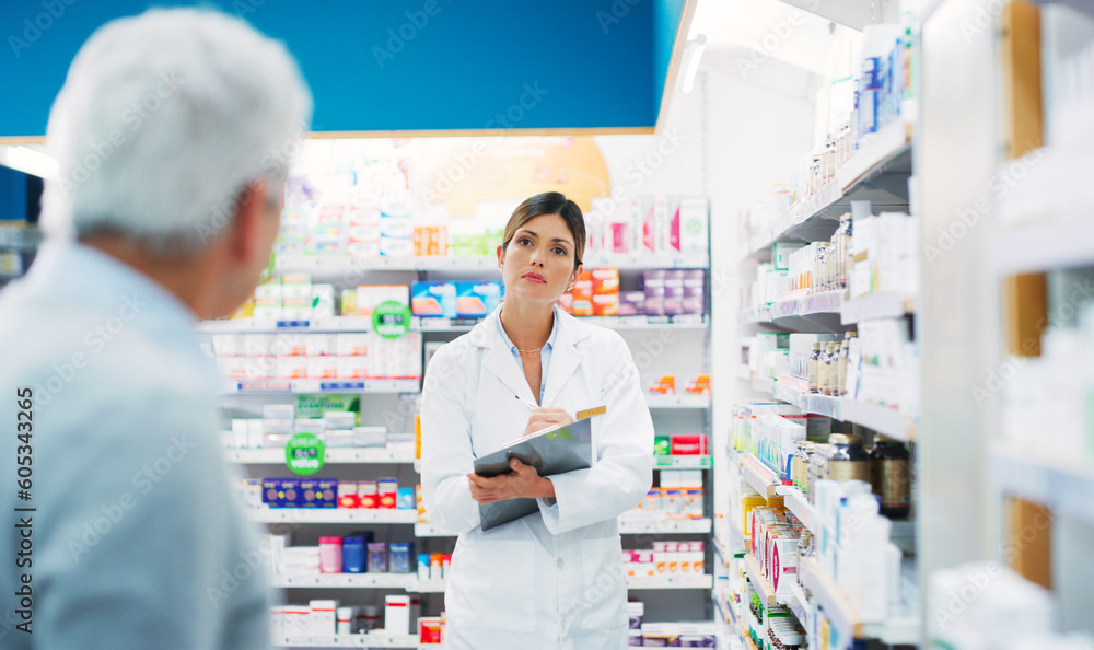 Pharmacy customer, clipboard and woman helping patient with pharmaceutical choice, product decision or medicine search. Healthcare clinic, hospital pharmacist and person answer question about pills