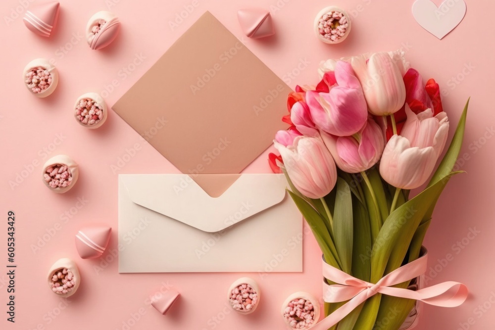 Mother's Day concept. Top view photo of bouquet of tulips tied with ribbon gift boxes open envelope with letter and heart shaped saucer with sprinkles, Generative AI Mother's Day concept. Top view photo of bouquet of tulips tied with ribbon gift boxes open envelope with letter and heart shaped saucer with sprinkles, Generative AI