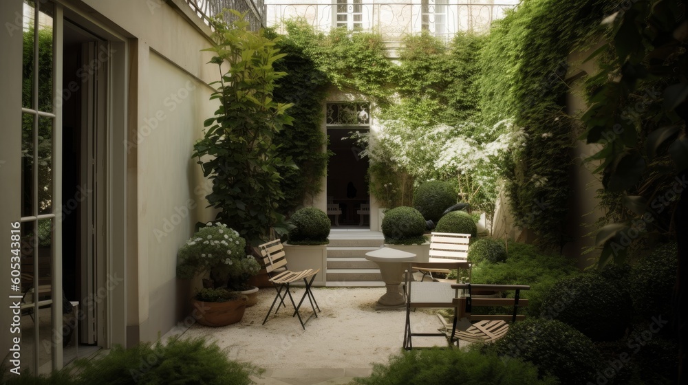 Parisian private garden offers a modern and elegant oasis in the heart of the city. Adorned with beautiful flowers, this French garden adds a touch of charm to the terrace of a Parisian home. AI-gener