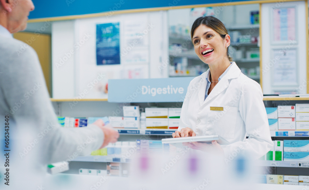 Pharmacy tablet, customer and happy woman, pharmacist or clerk helping clinic patient, healthcare client or person. Hospital support, help and female chemist search online database for store product Pharmacy tablet, customer and happy woman, pharmacist or clerk helping clinic patient, healthcare client or person. Hospital support, help and female chemist search online database for store product