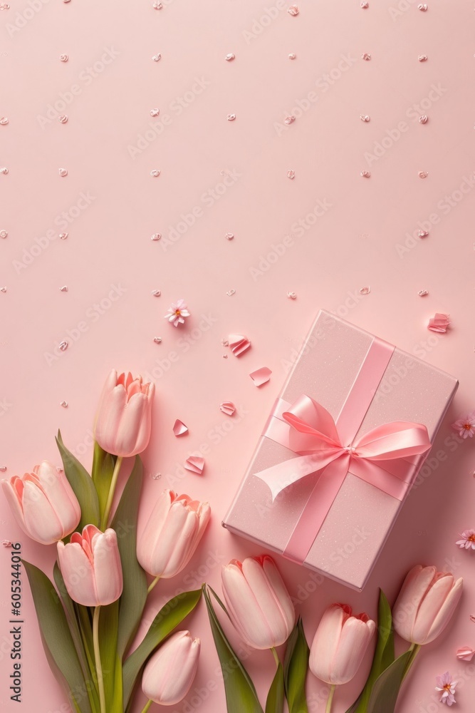 Mother's Day mood concept. Top view vertical photo of pink tulips present boxes with ribbon bows and scattered sprinkles on isolated pastel pink background with blank, Generative AI