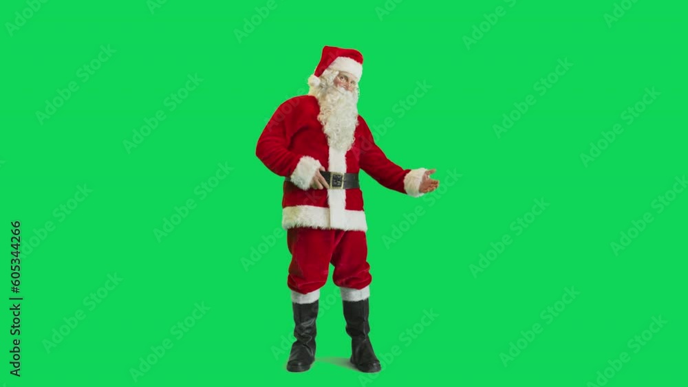 Studio Shot Isolated Mockup Template: Jolly Santa Claus Standing On Green Screen Chromakey Background And Inviting Guests To Magical Workshop On Christmas Or New Year's Holiday Celebration Slow Motion Studio Shot Isolated Mockup Template: Jolly Santa Claus Standing On Green Screen Chromakey Background And Inviting Guests To Magical Workshop On Christmas Or New Year's Holiday Celebration Slow Motion